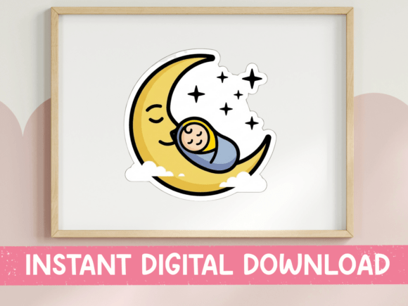 Baby Sleeping on Moon Nursery Sticker: Graphics & T-Shirt Designs
