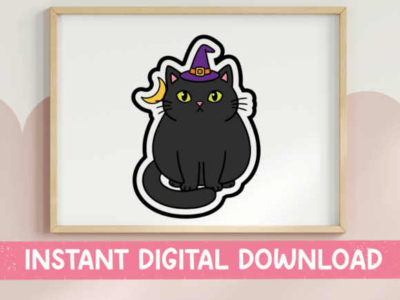 Black Cat Witch Hat Halloween Sticker: Graphics for T-Shirt Designs