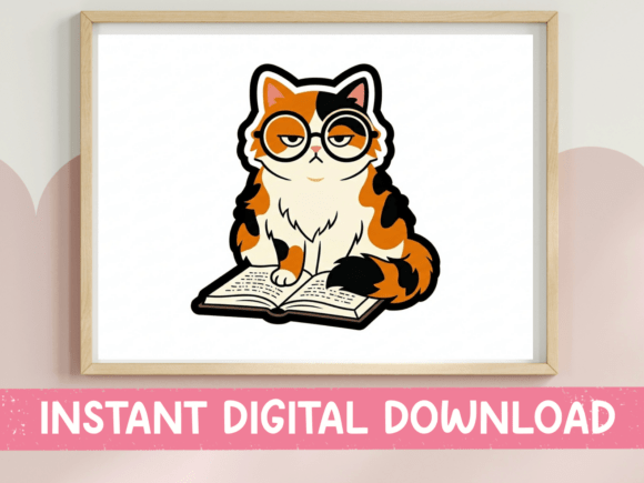 Calico Cat Reading with Glasses Sticker Graphics