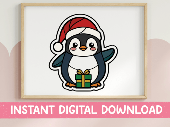 Christmas Penguin with Gift Sticker: Graphics for T-Shirt Designs