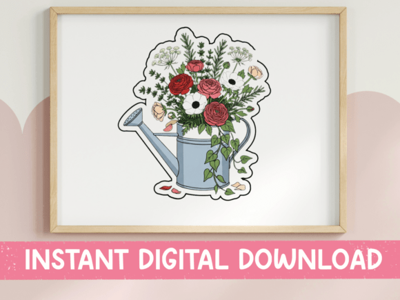 Floral Watering Can Sticker Design: Graphics & T-Shirt Designs