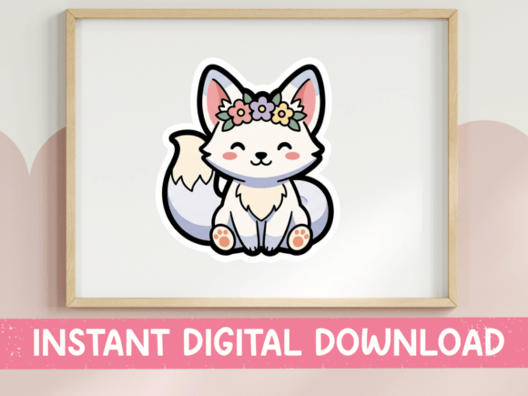 Kawaii White Fox Flower Crown Sticker: Graphics for T-Shirt Designs