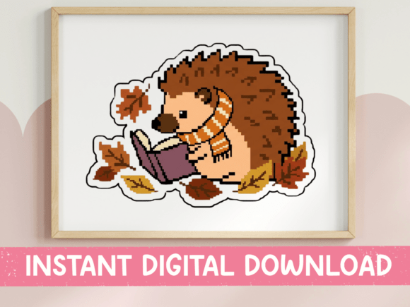 Pixel Hedgehog Reading in Autumn Sticker: Graphics for T-Shirt Designs