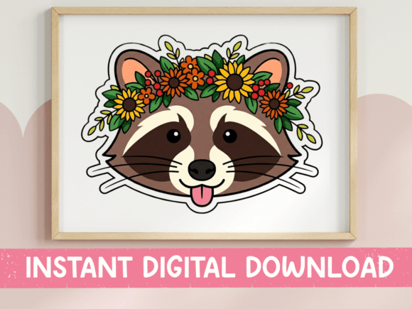 Raccoon Face with Floral Crown Sticker: Graphics for T-Shirt Designs